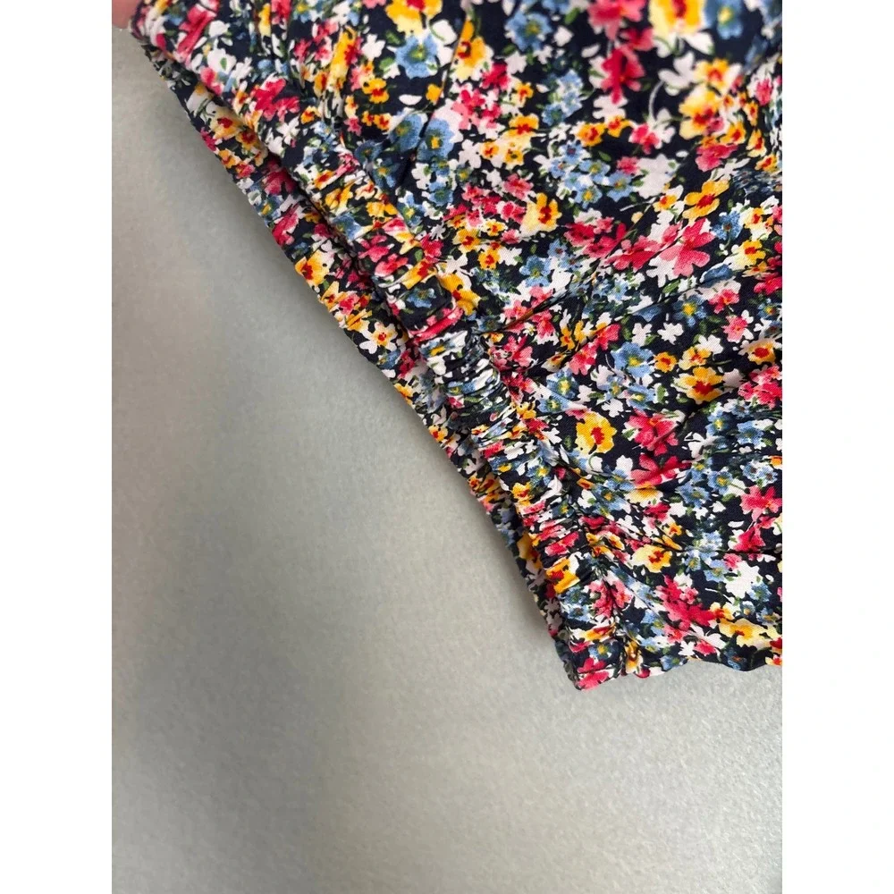 Old Navy Womens XL Tall Floral Babydoll Peplum Top Puff Sleeve Navy Blue Multi